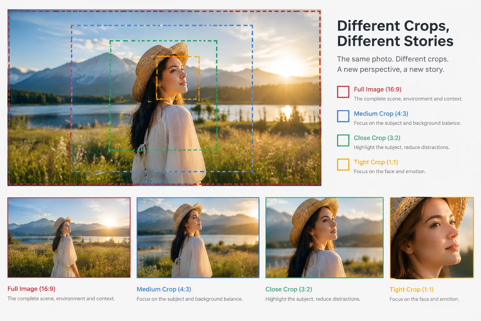 A visual demonstration of an image being cropped differently.
