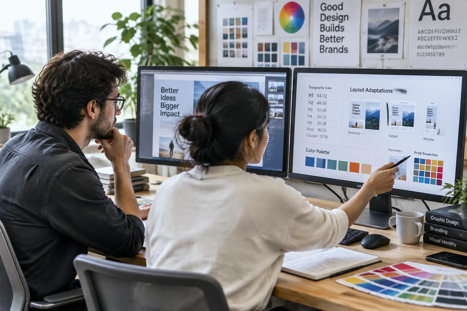 FormatRelay editorial designers analyzing multi-format layouts in the studio