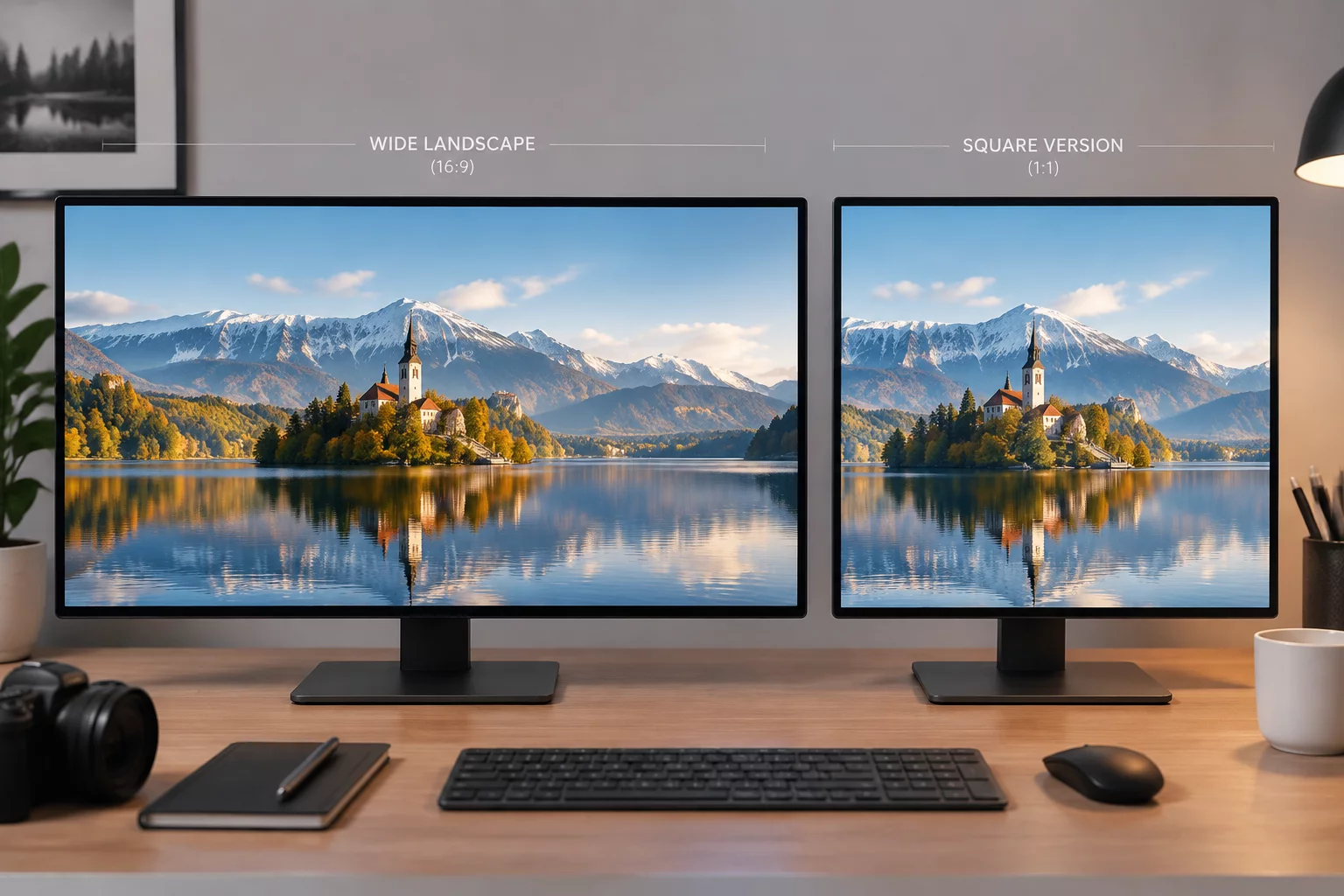 A wide landscape being intelligently adapted into a square format.